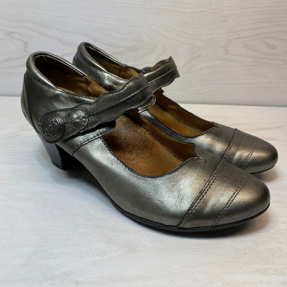 Taos Womens 8.5 Angel Mary Jane Pumps Pewter Metallic Leather Block Heel Shoes
